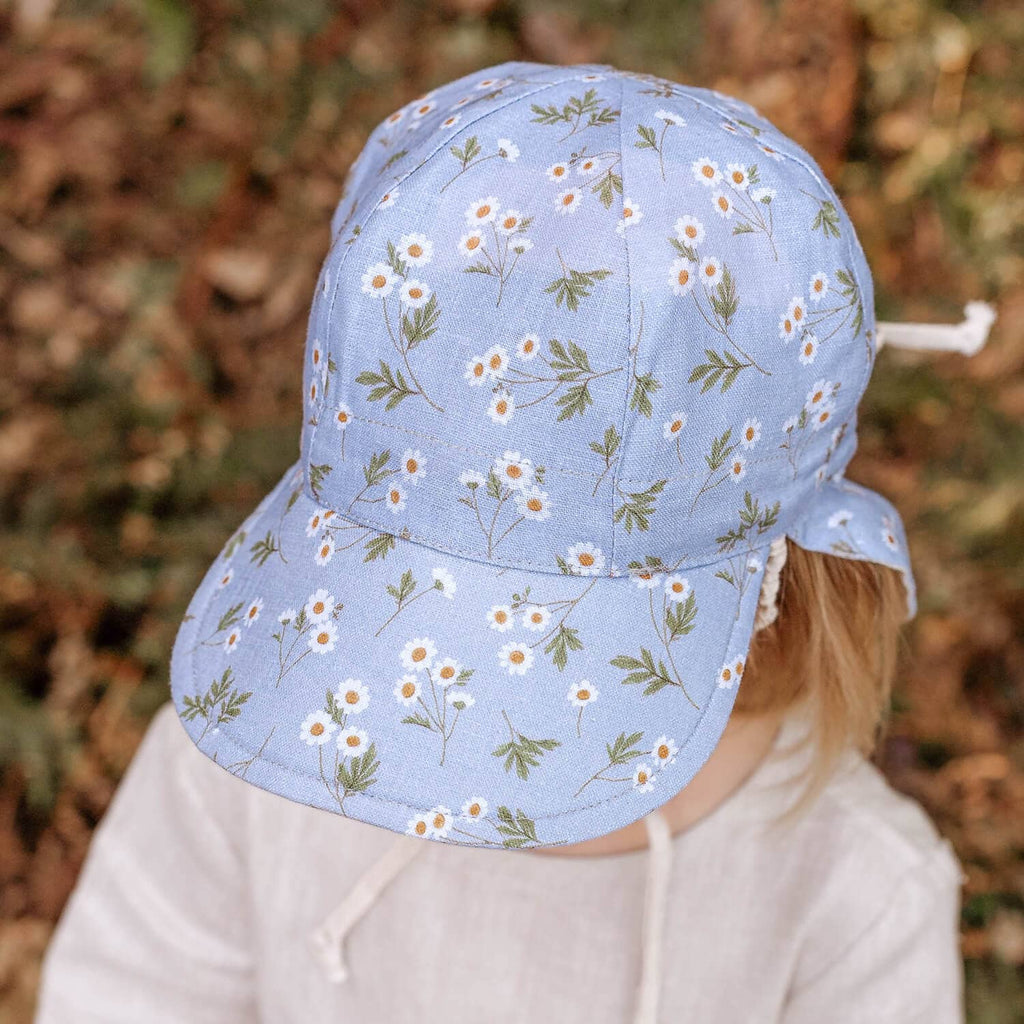 Light blue floral-patterned sun hat worn by a person with a blurred natural background