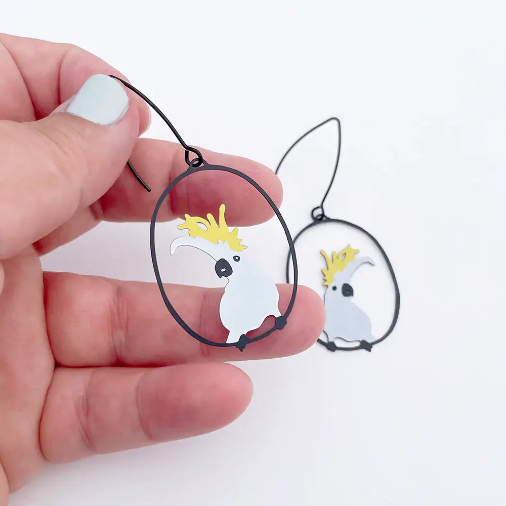 Hand holding a pair of earrings with a cockatoo design on a white background