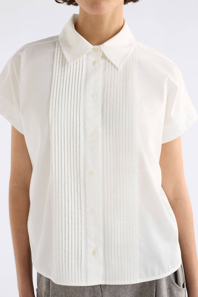 White pleated blouse worn by a person on a white background