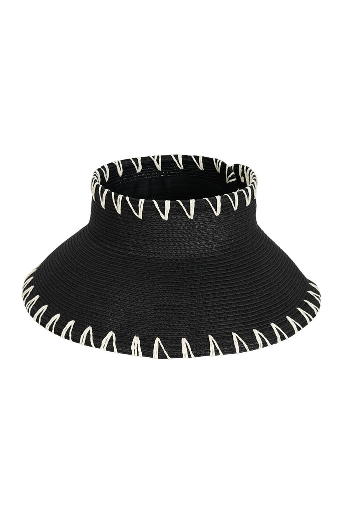 Black sun visor with white trim on a white background