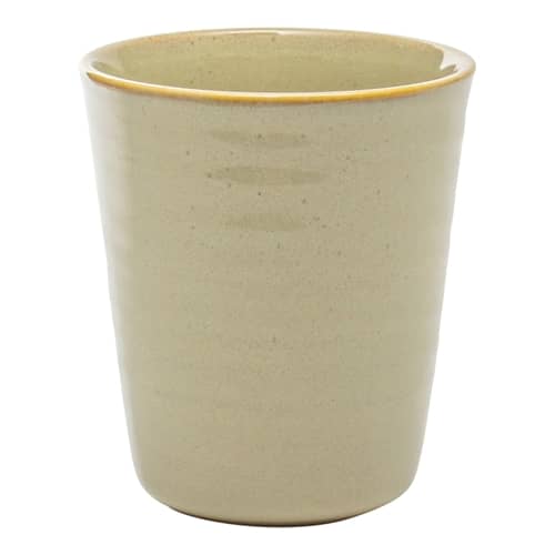 Beige ceramic cup with a gold rim on a white background