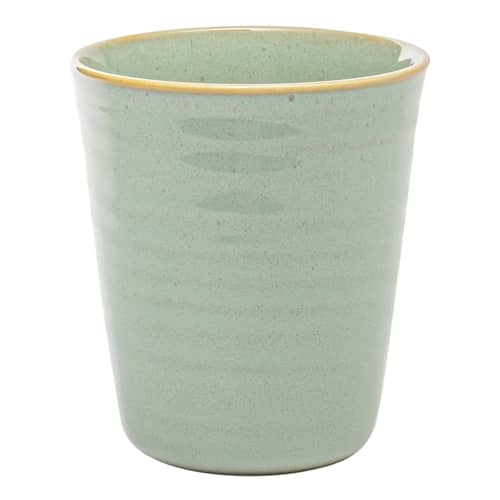 Green ceramic cup with gold rim on a white background