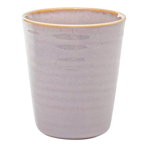 Ceramic cup with a textured surface and gold rim on a white background