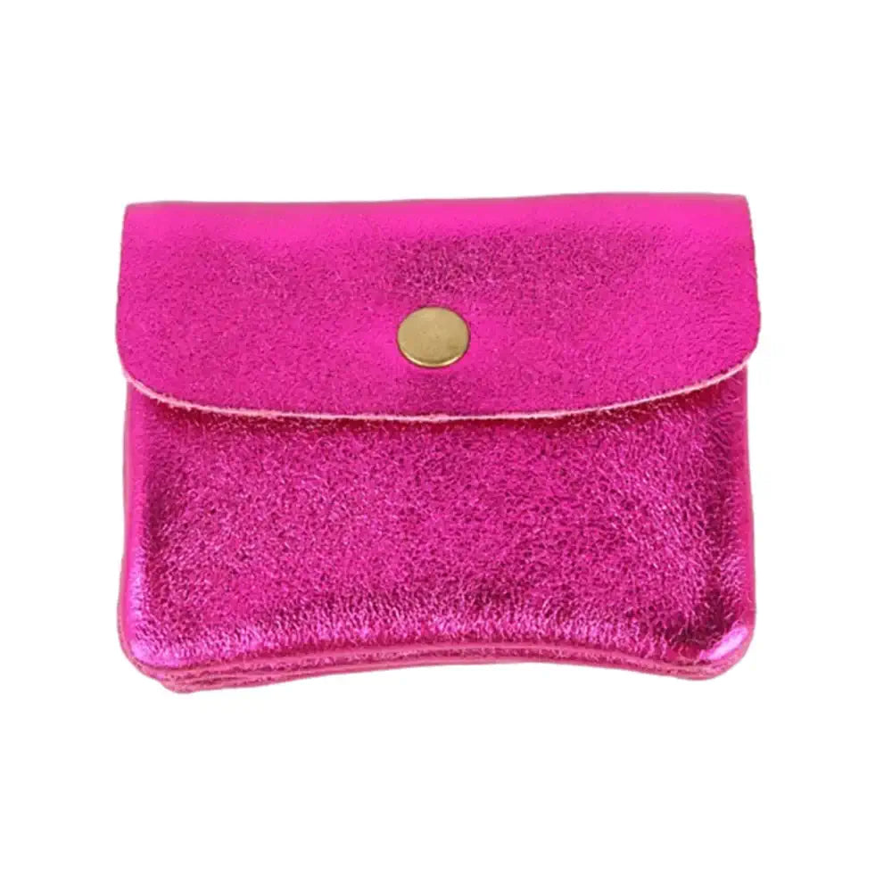 Pink metallic pouch with a gold button on a white background
