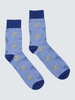 Blue socks with bicycle pattern on a light gray background