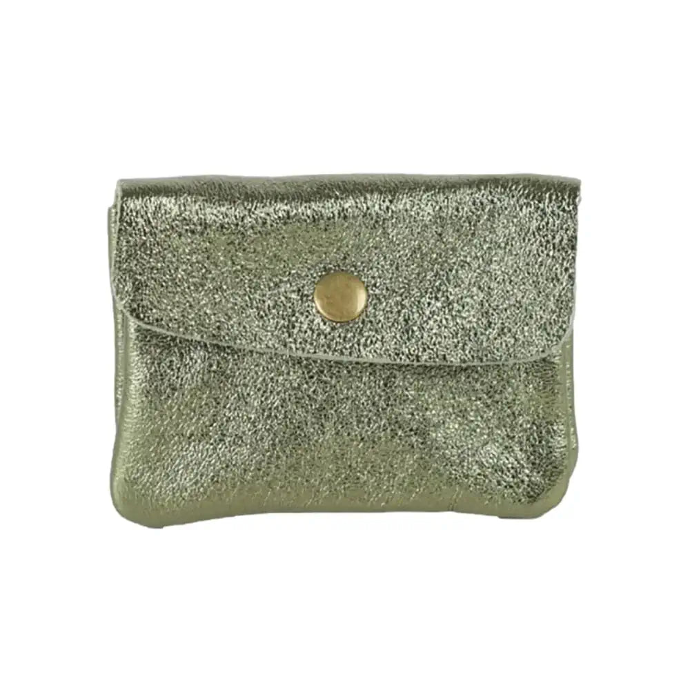 Metallic green clutch with a gold button on a white background