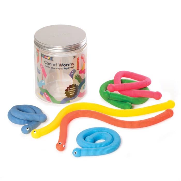 Colorful toy worms with a can labeled 'Can of Worms' on a white background