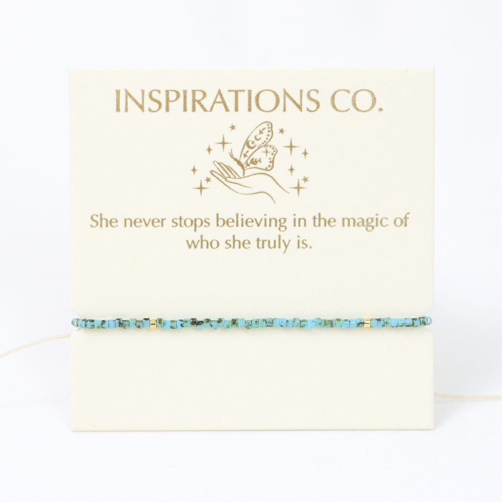 Bracelet on a card with 'Inspirations Co.' branding and motivational quote.