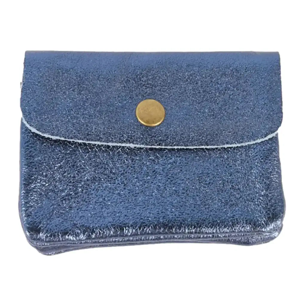 Blue denim pouch with a gold button on a white background