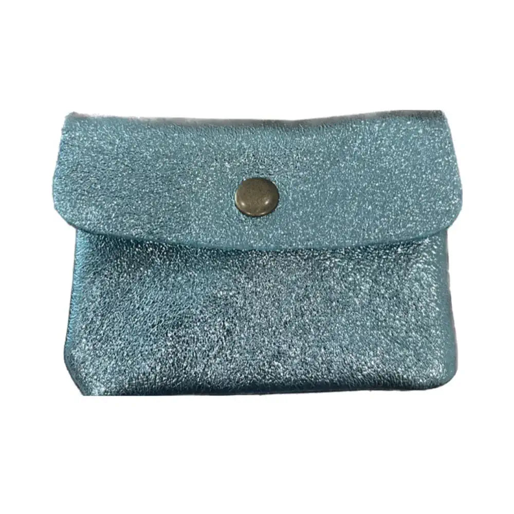 Glittery teal pouch with a button on a white background