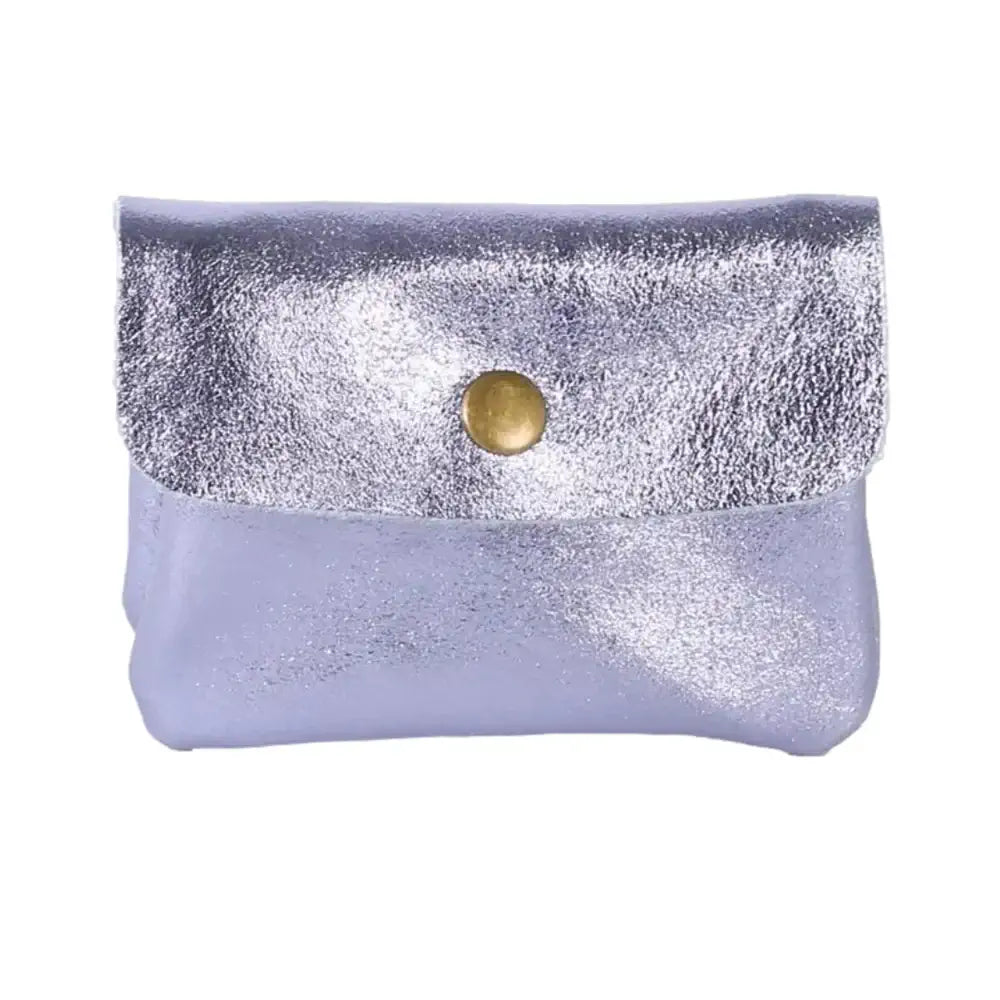 Silver clutch with a gold button on a white background