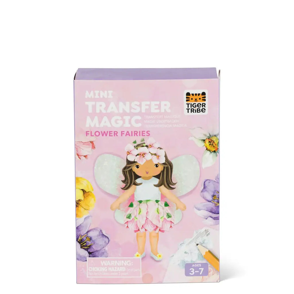 Box of Mini Transfer Magic Flower Fairies toy with a fairy doll on a pink background