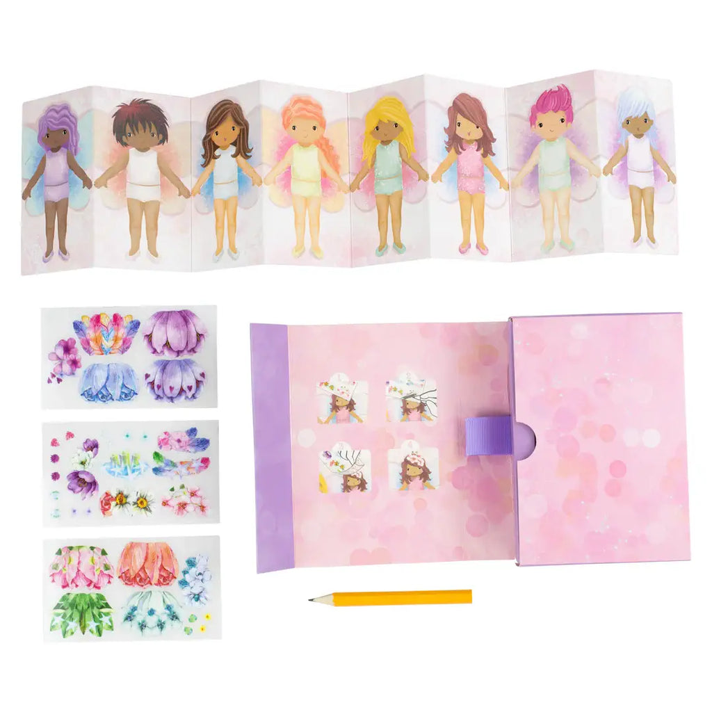 Set of fairy-themed stationery items including stickers, a pencil, and a folder with fairy illustrations.