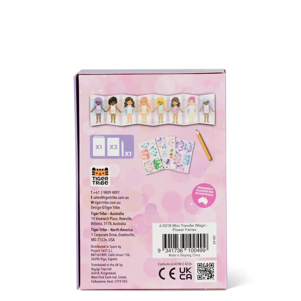 Back of a packaging box with illustrations of fairies and product details on a pink background