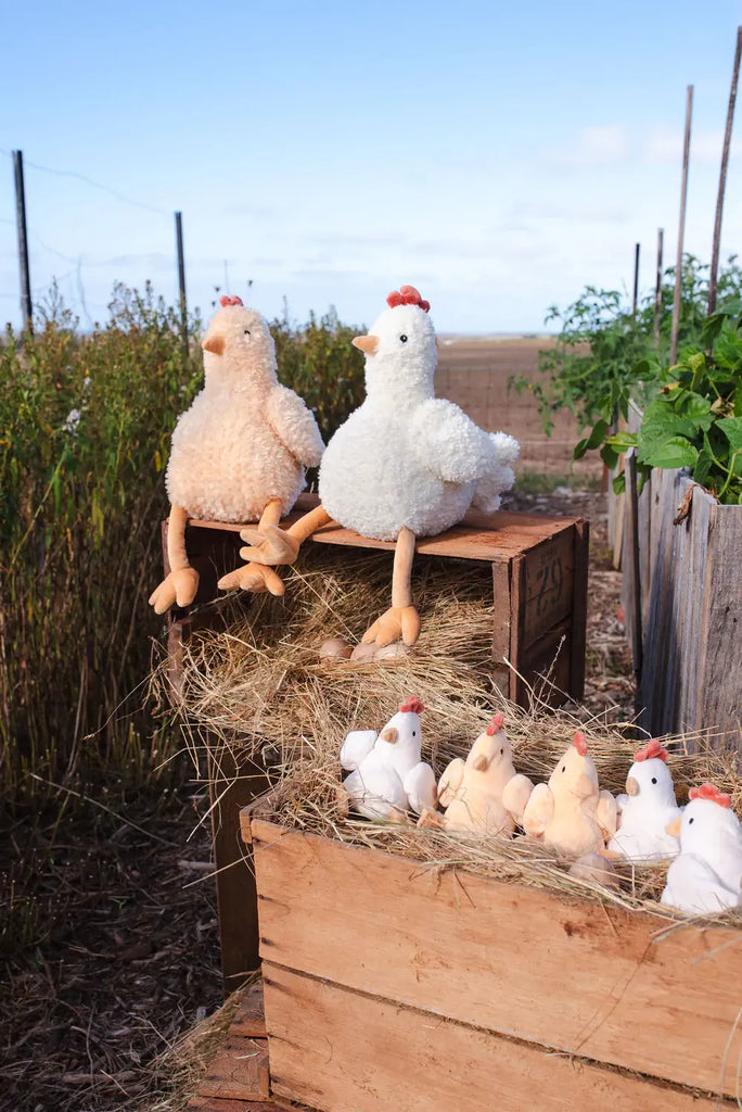 Plush toy chickens on wooden crates with a natural outdoor background