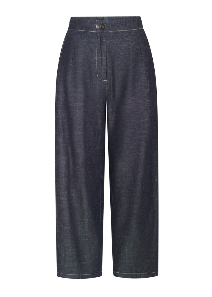 Dark blue denim pants on a white background