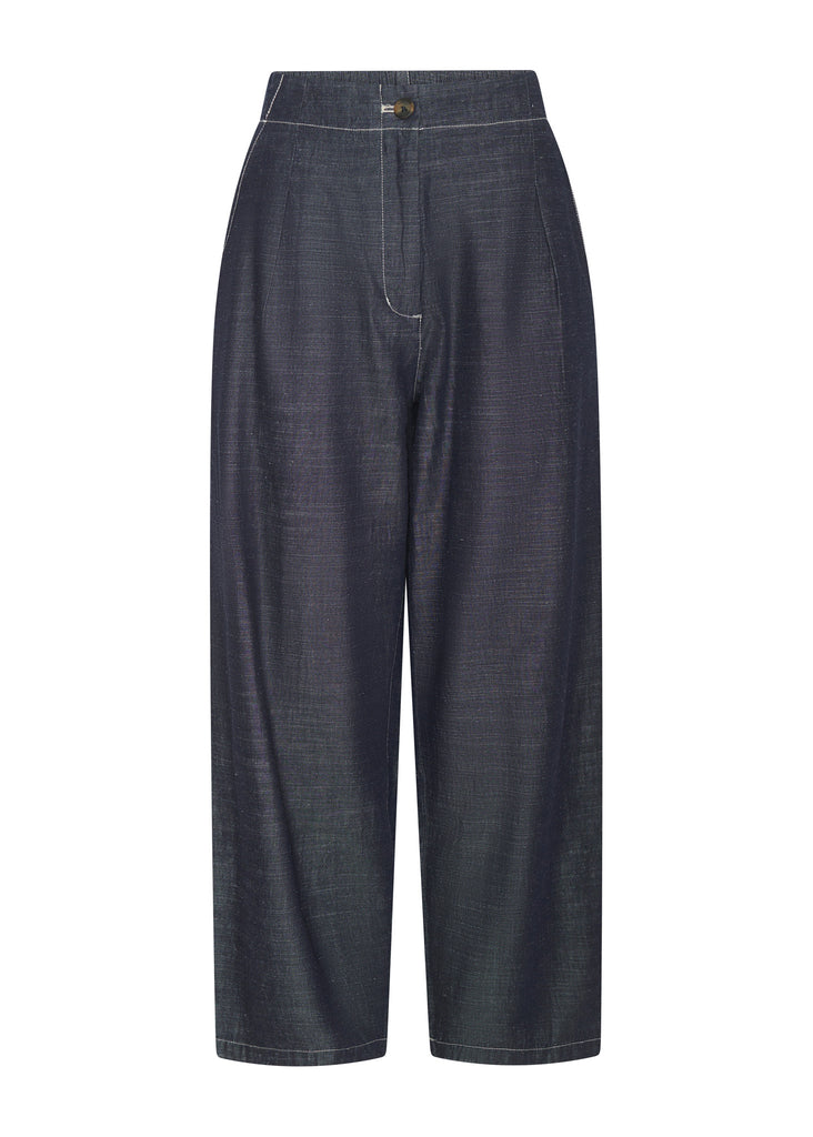 Dark blue denim pants on a white background