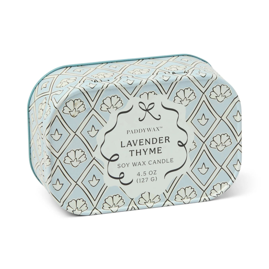 Paddywax Lavender Thyme candle in a decorative tin on a white background