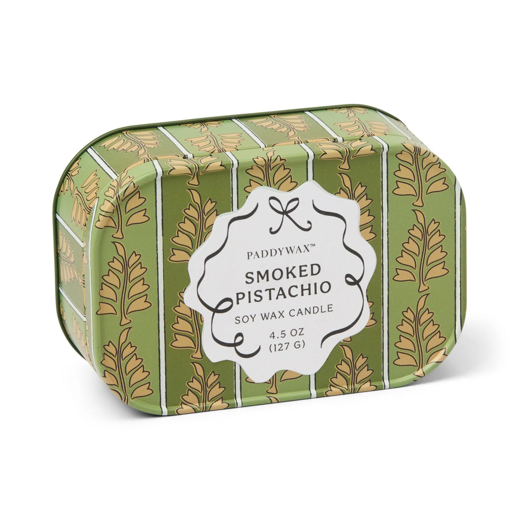 Paddywax Smoked Pistachio candle in a decorative green packaging on a white background