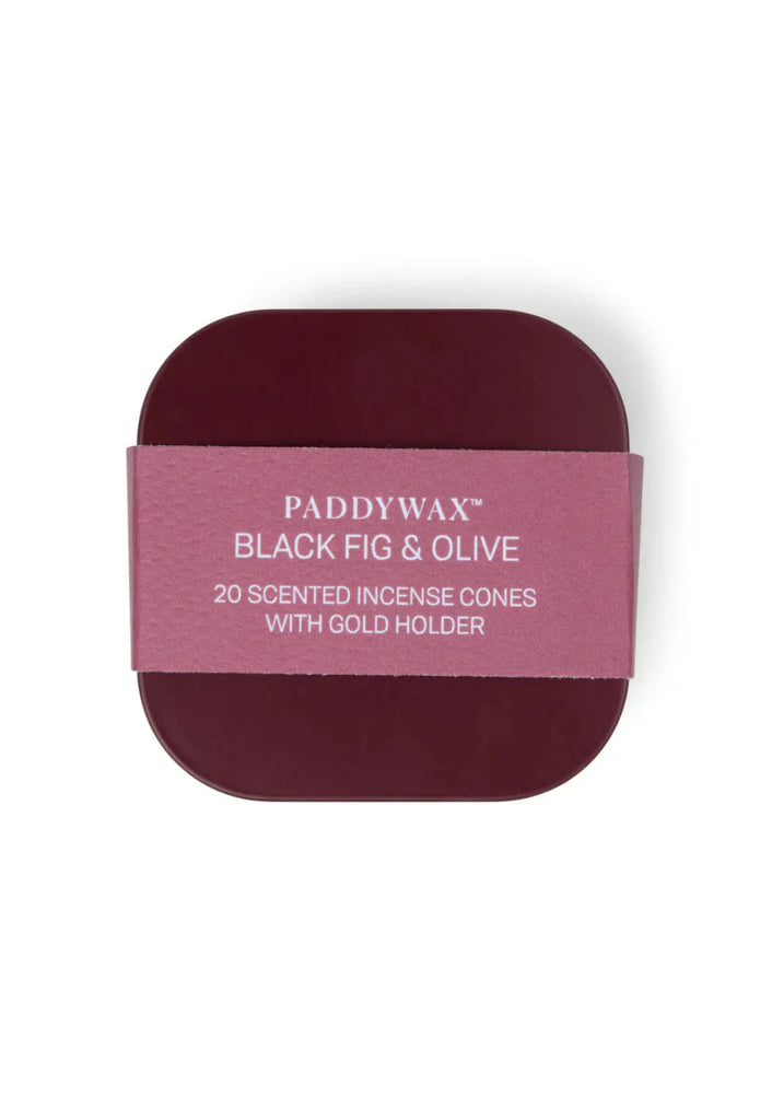 Paddywax Black Fig & Olive scented incense cones packaging on a white background