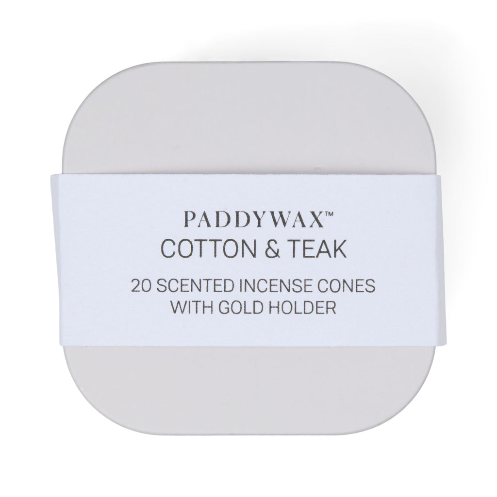Paddywax Cotton & Teak scented incense cones packaging on a white background