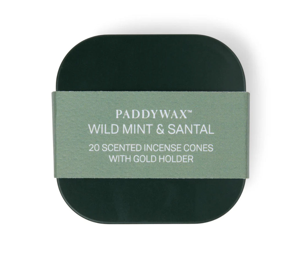 Paddywax Wild Mint & Santal incense cones packaging on a white background