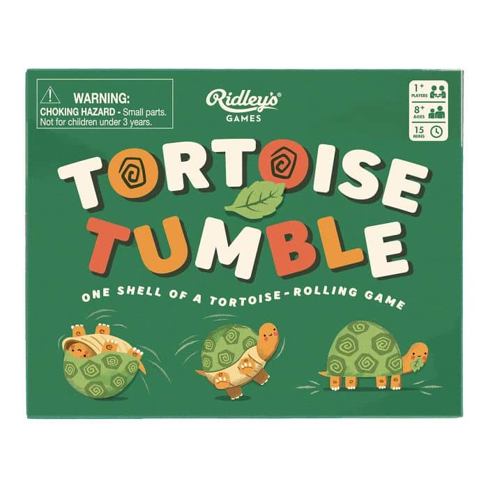 Box of 'Tortoise Tumble' game by Ridley's Games with tortoise illustrations on a green background.