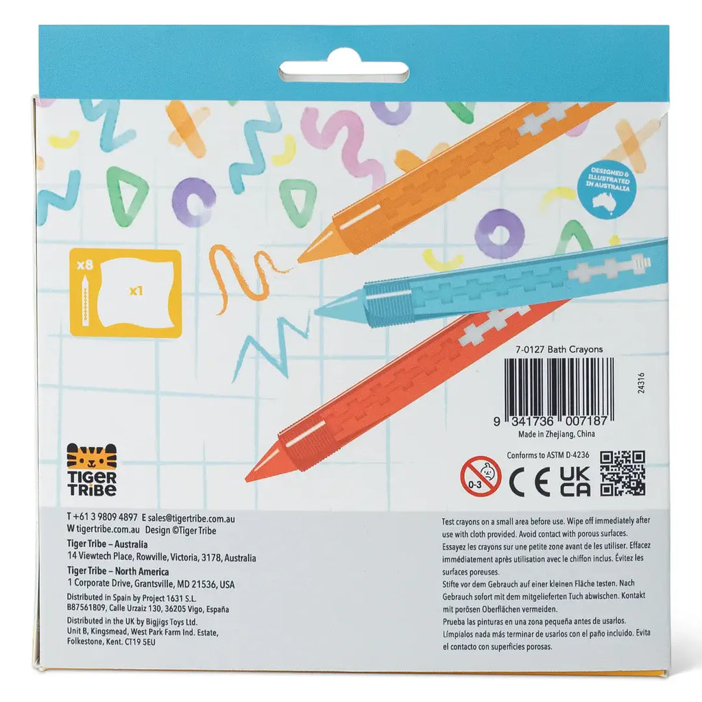 Back of a Tiger Tribe crayon packaging with colorful crayons and brand logo.