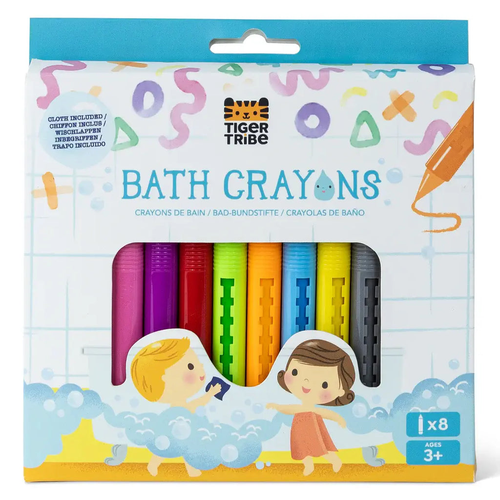 Packaging of Tiger Tribe bath crayons with colorful crayons and children playing in the water illustration.
