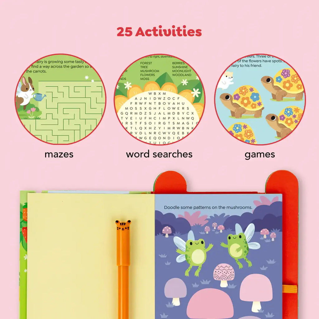 Children's activity book with mazes, word searches, and games on a pink background