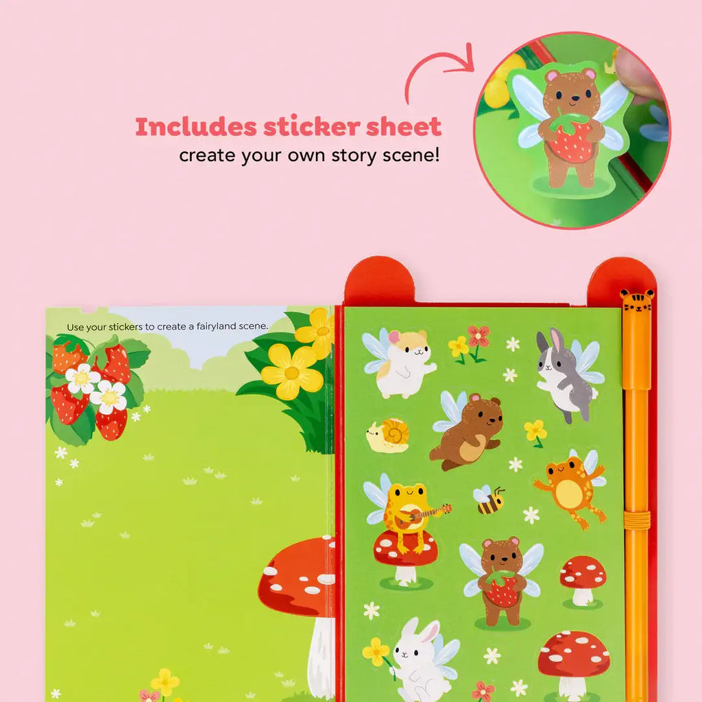 Children's book with fairy-themed stickers on a pink background