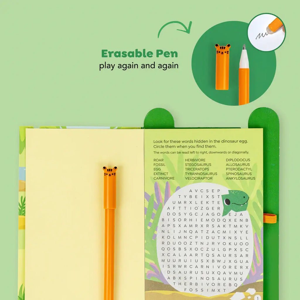 Erasable pen set with a dinosaur-themed activity book on a green background