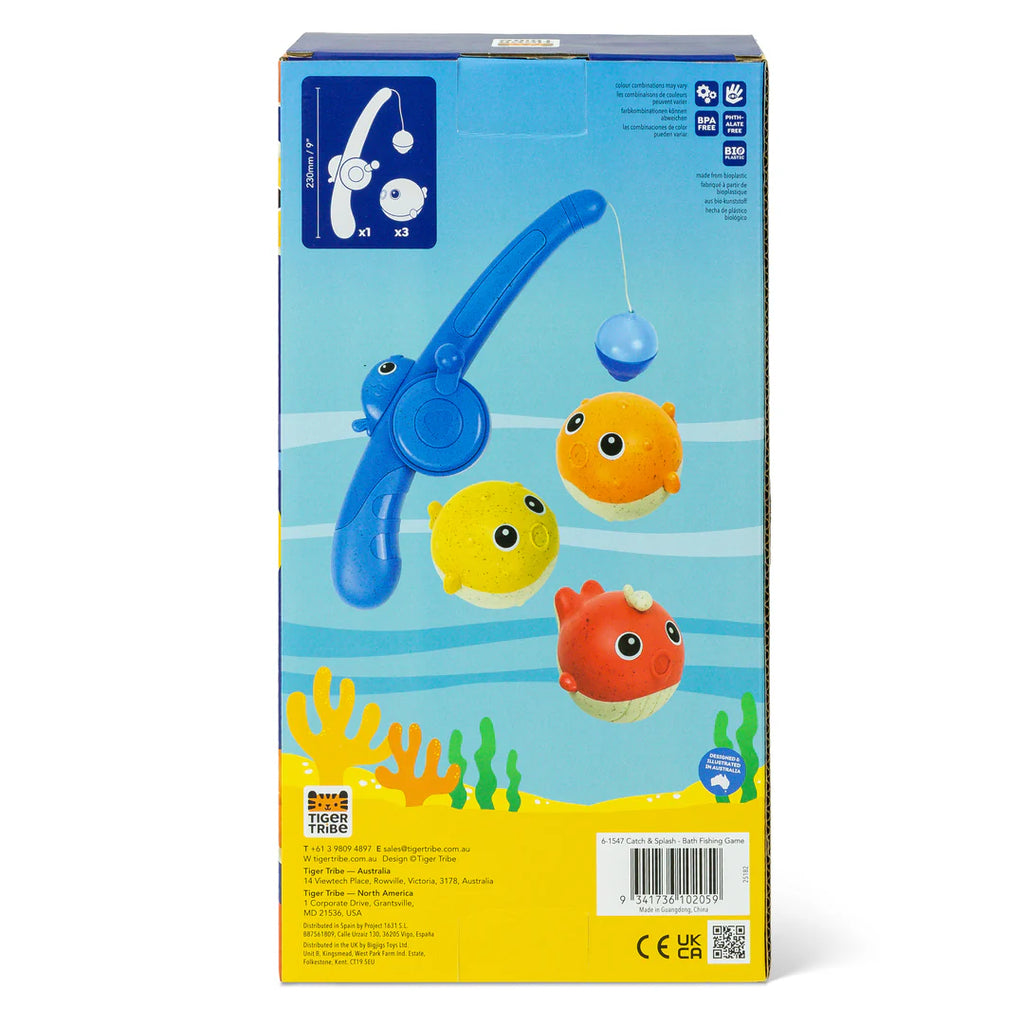 Box packaging of a children's toy with a blue fishing rod and colorful fish on a blue and yellow background.