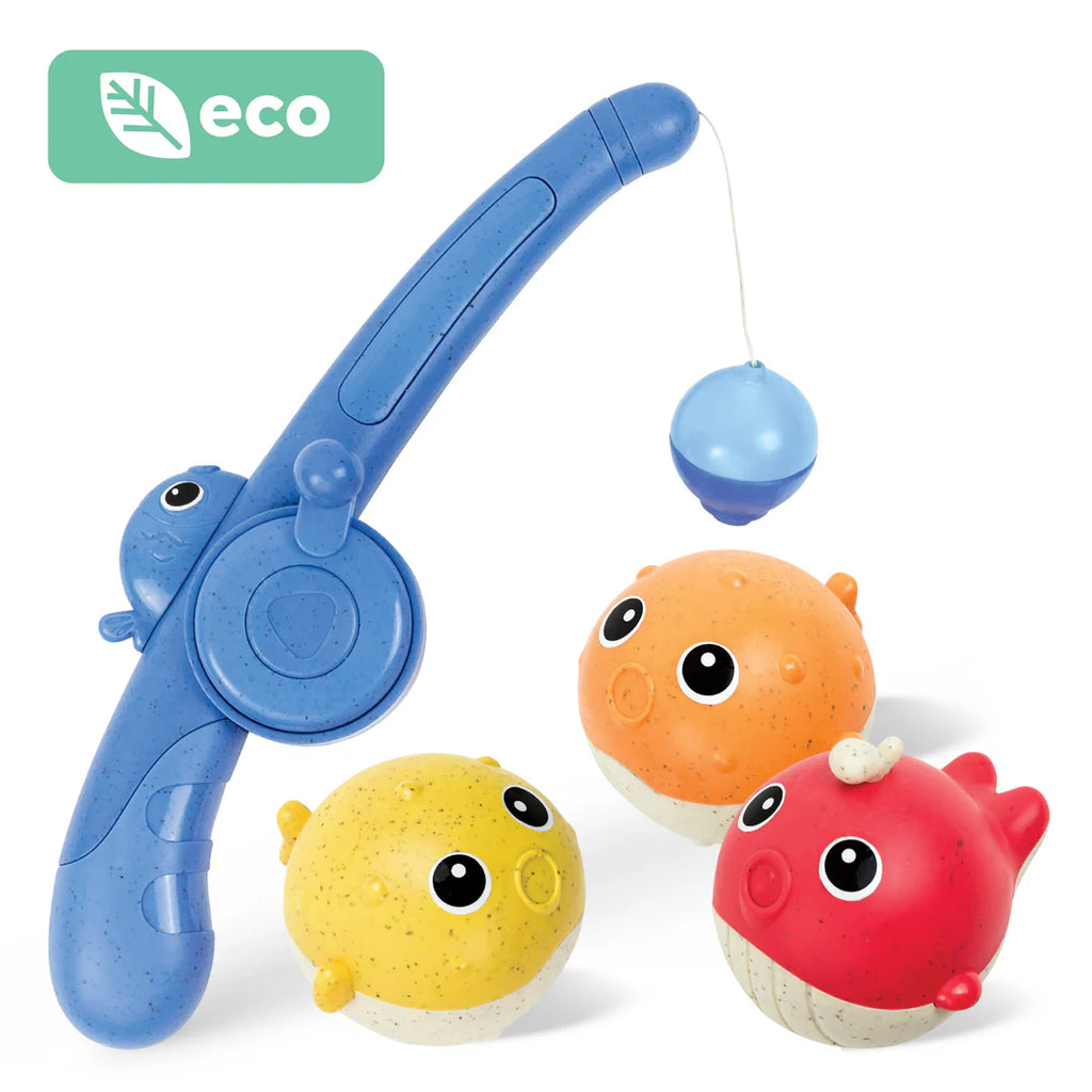 Colorful fishing toy set with three fish and a blue fishing rod on a white background, featuring the 'eco' brand.