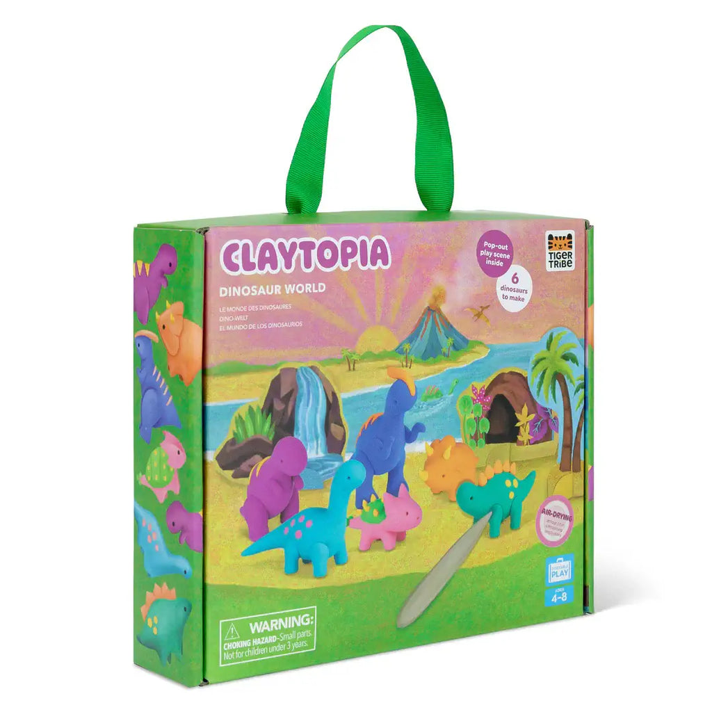 Claytopia Dinosaur World playset packaging with colorful dinosaurs and green handle on a white background