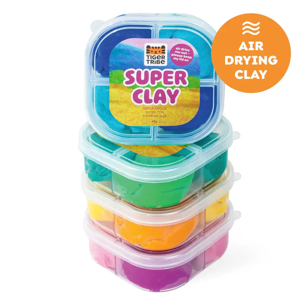 Stack of Tiger Tribe Super Clay containers with colorful lids on a white background