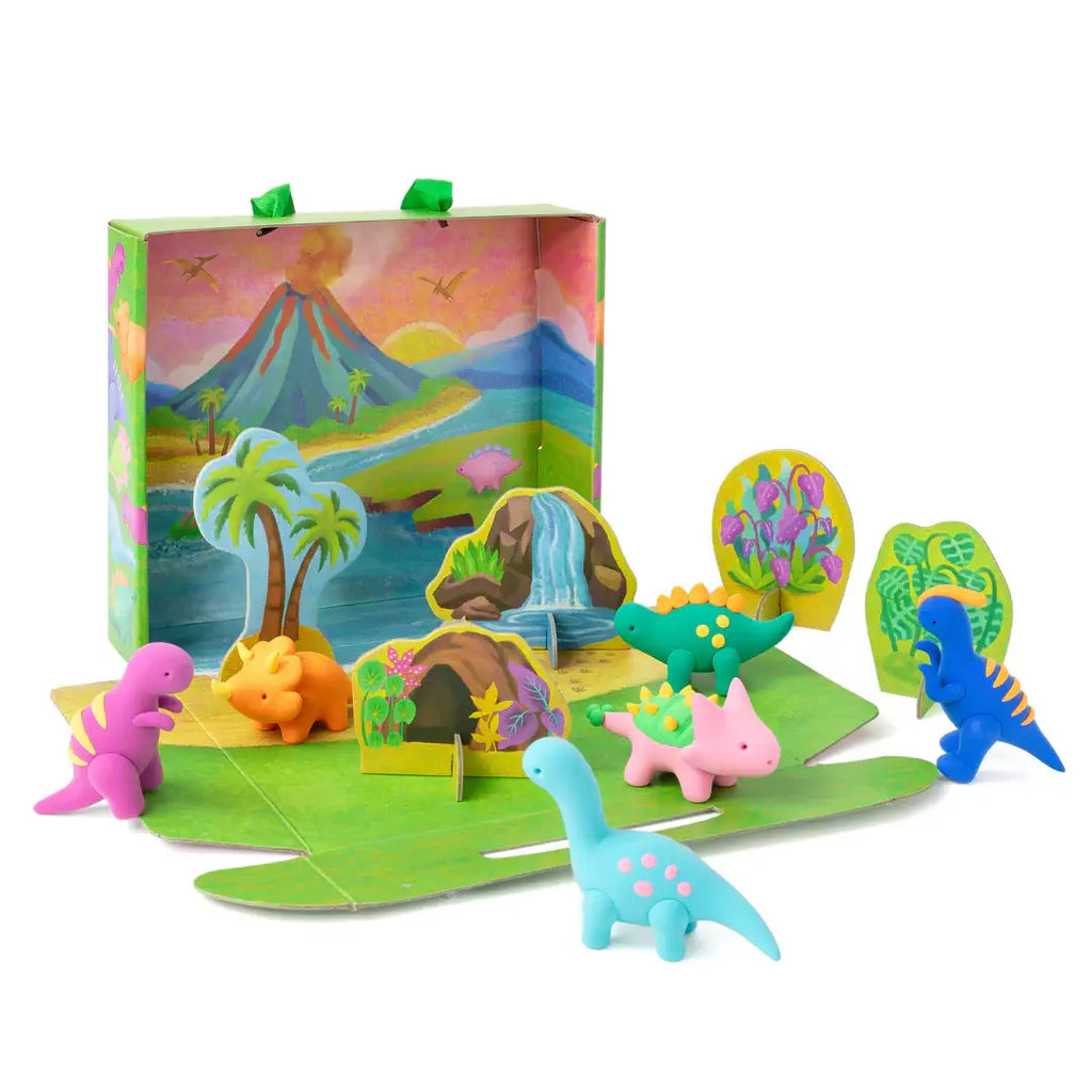 Colorful dinosaur toy set with a pop-up landscape in the background