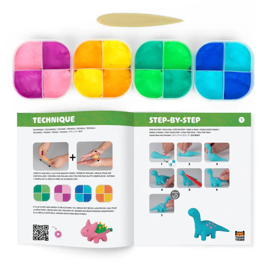 Colorful clay modeling kit with step-by-step instructions on a white background