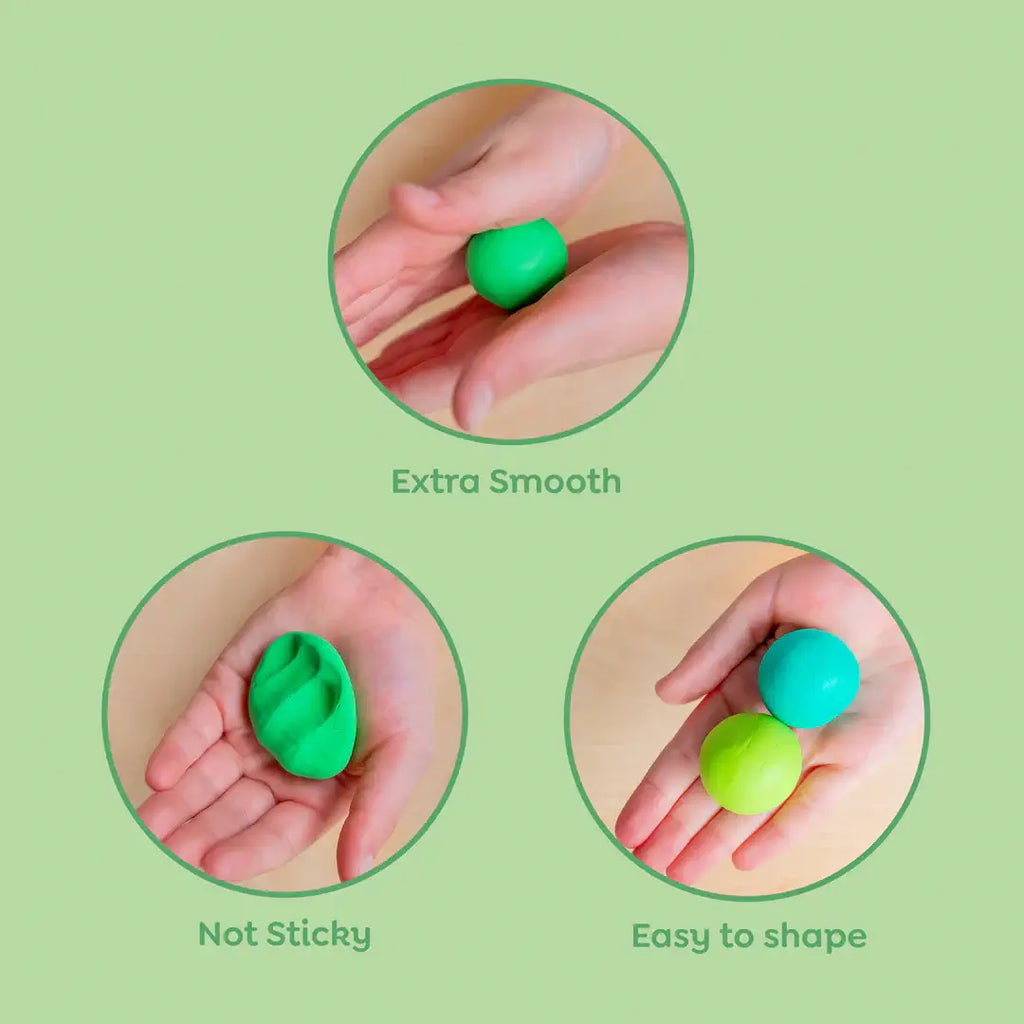 Green stress balls being held and manipulated on a green background with text indicating properties.