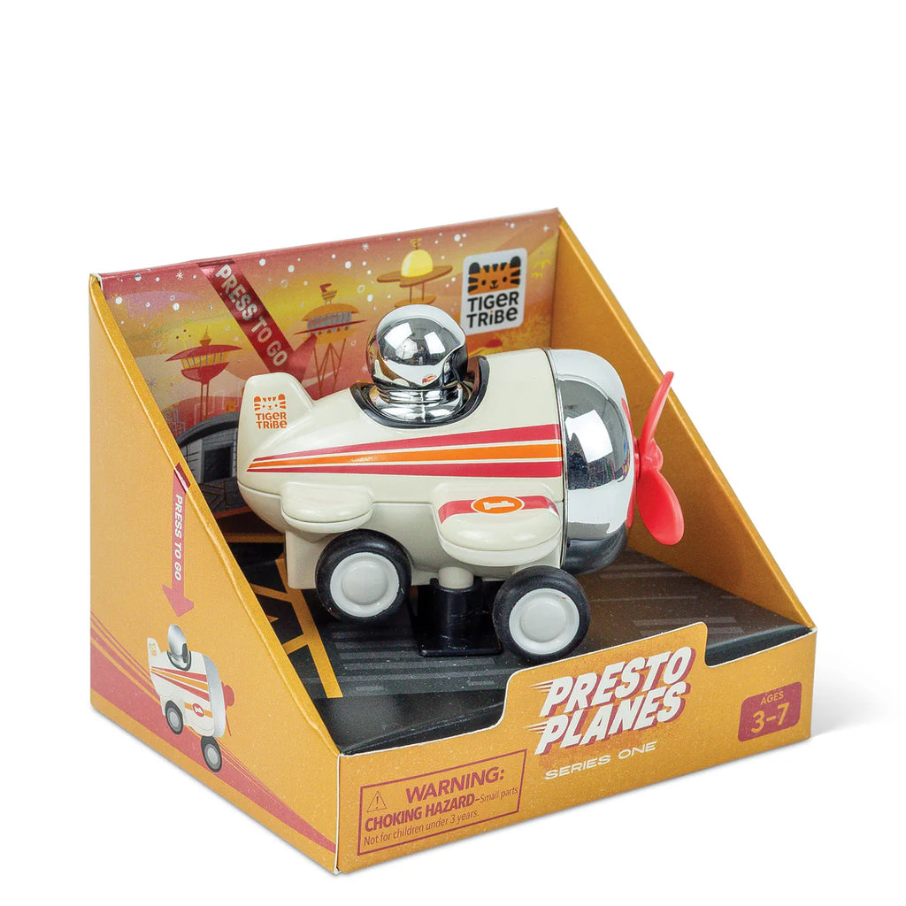 Toy helicopter in a 'Presto Planes' box with a Tiger Tribe label on a white background