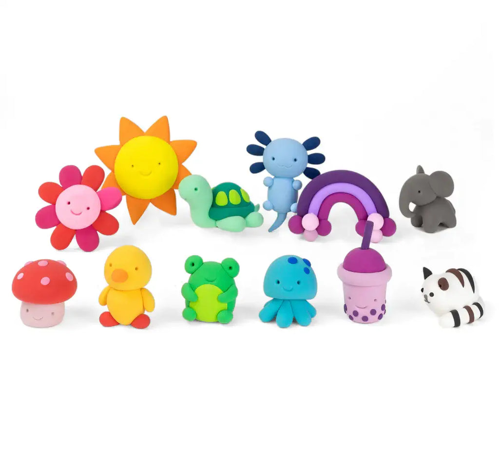 Set of colorful toy figures on a white background