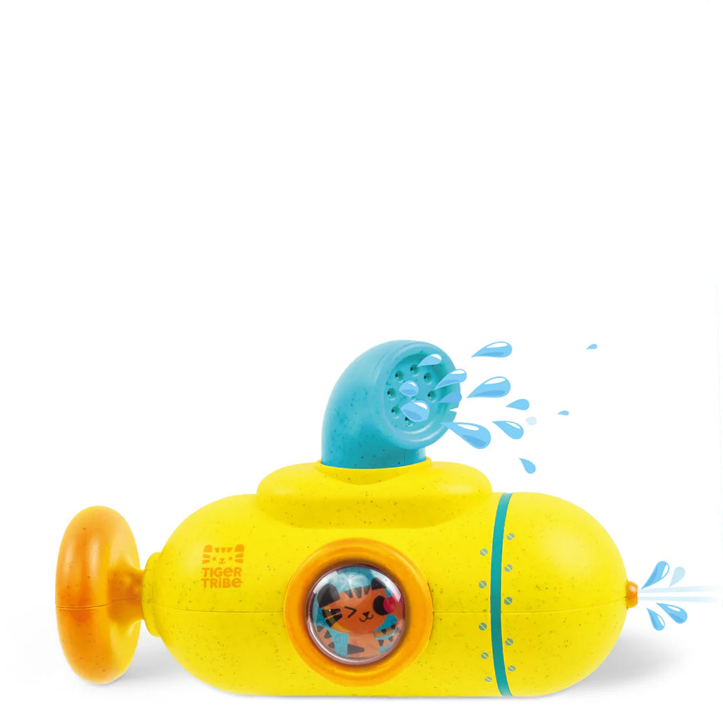 Yellow toy submarine with blue top and orange wheel on a white background