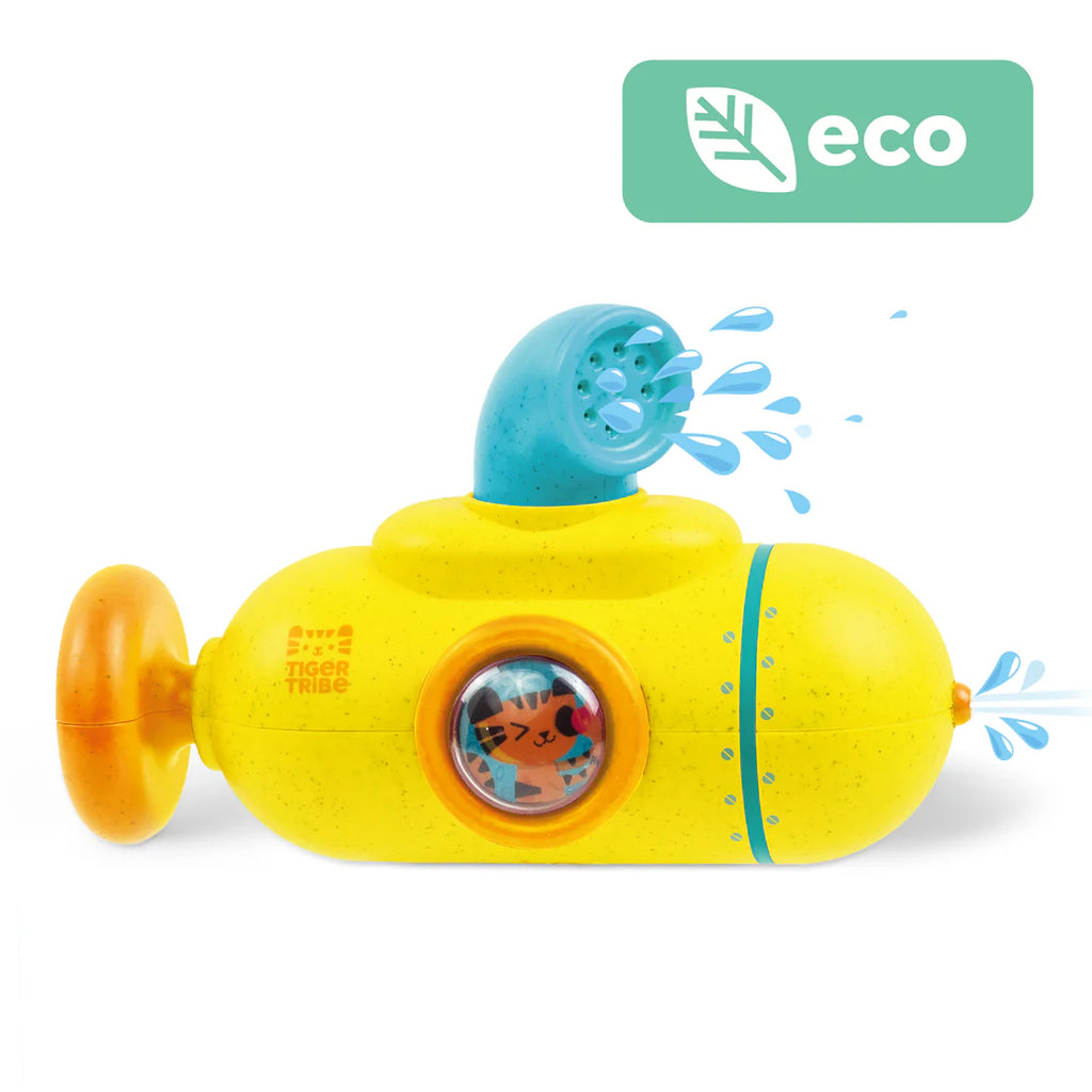 Yellow toy submarine with water spray feature on a white background, featuring the 'eco' brand logo.