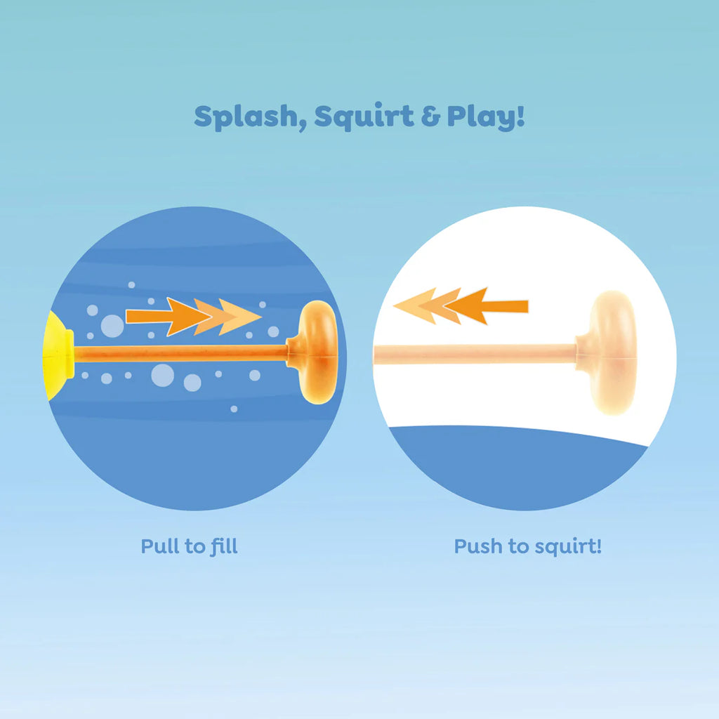 Illustration of a toy with arrows indicating how to use it, labeled 'Splash, Squirt & Play!'.