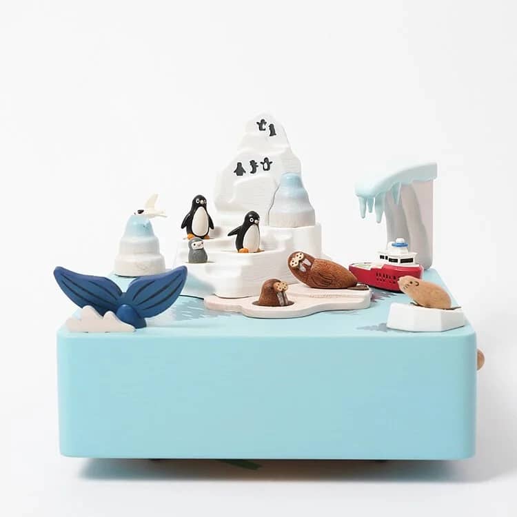 Toy set with penguins, seals, and a iceberg on a blue base