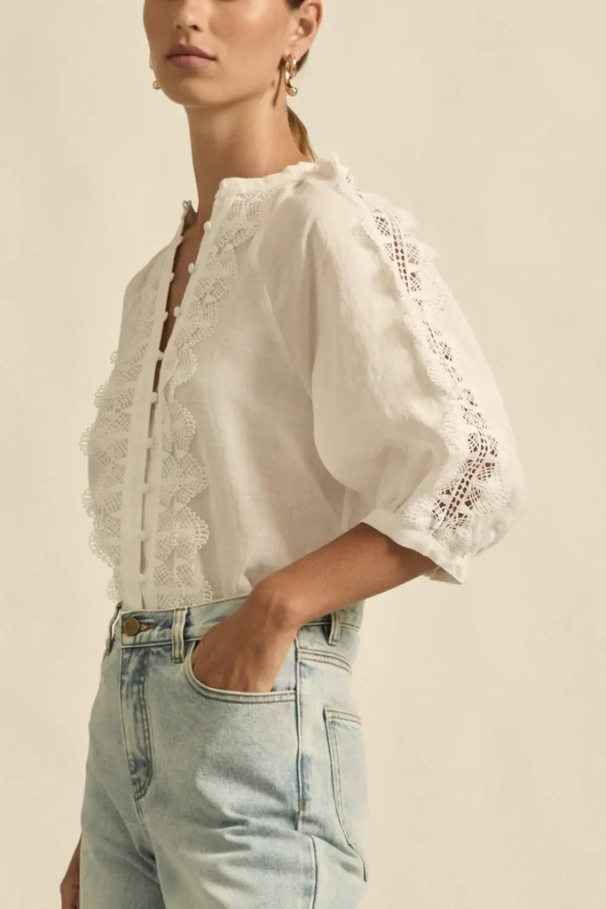 Person wearing a white blouse with lace details and light blue jeans on a beige background