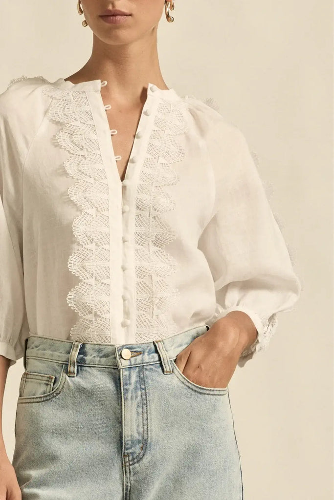 Person wearing a white blouse with lace details and light blue jeans against a neutral background