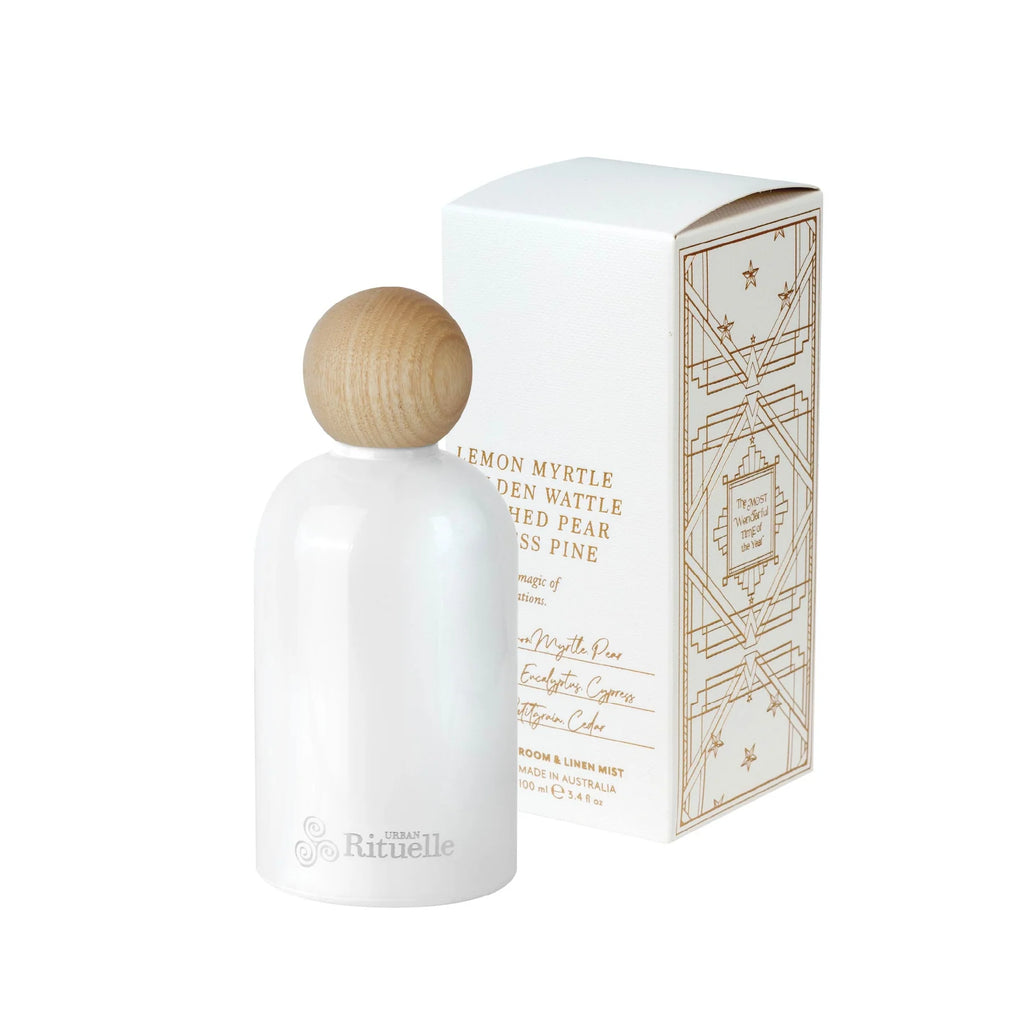 White bottle with wooden cap and matching box on a white background