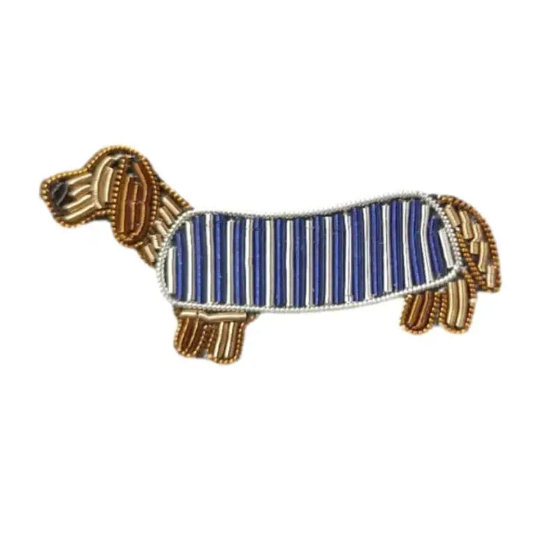 Embroidered patch of a dachshund wearing a blue striped sweater on a white background