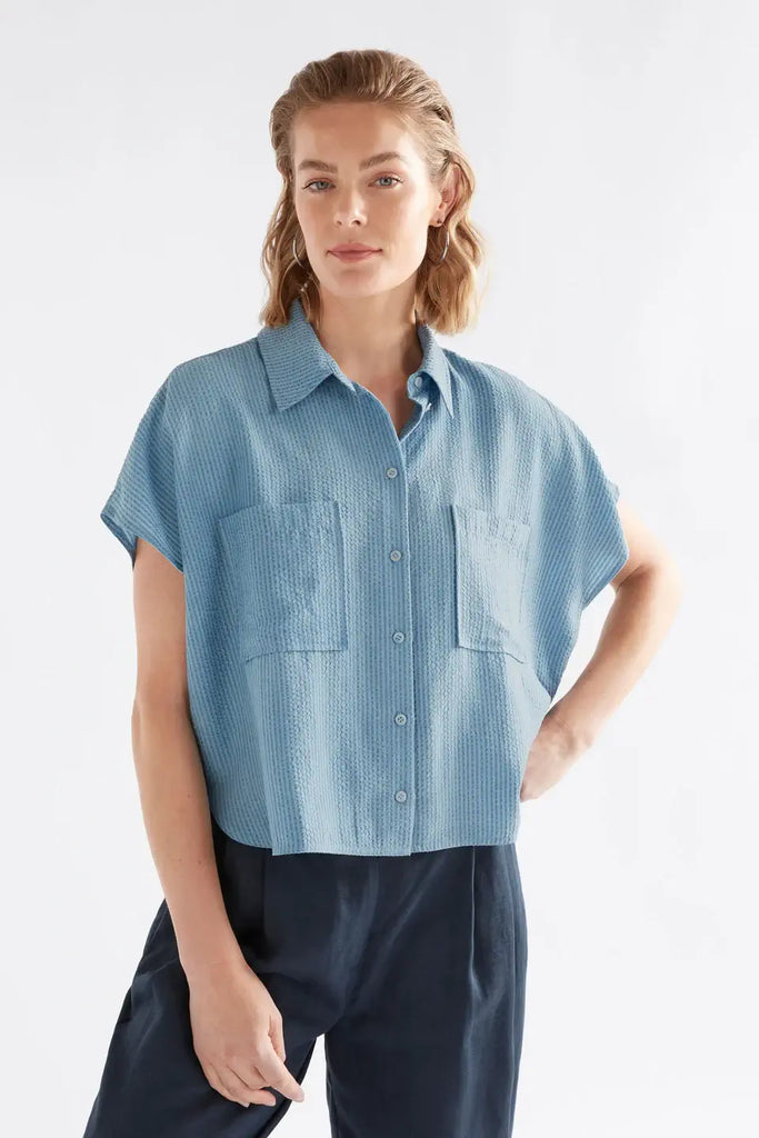 Woman wearing a blue striped shirt with short sleeves on a white background